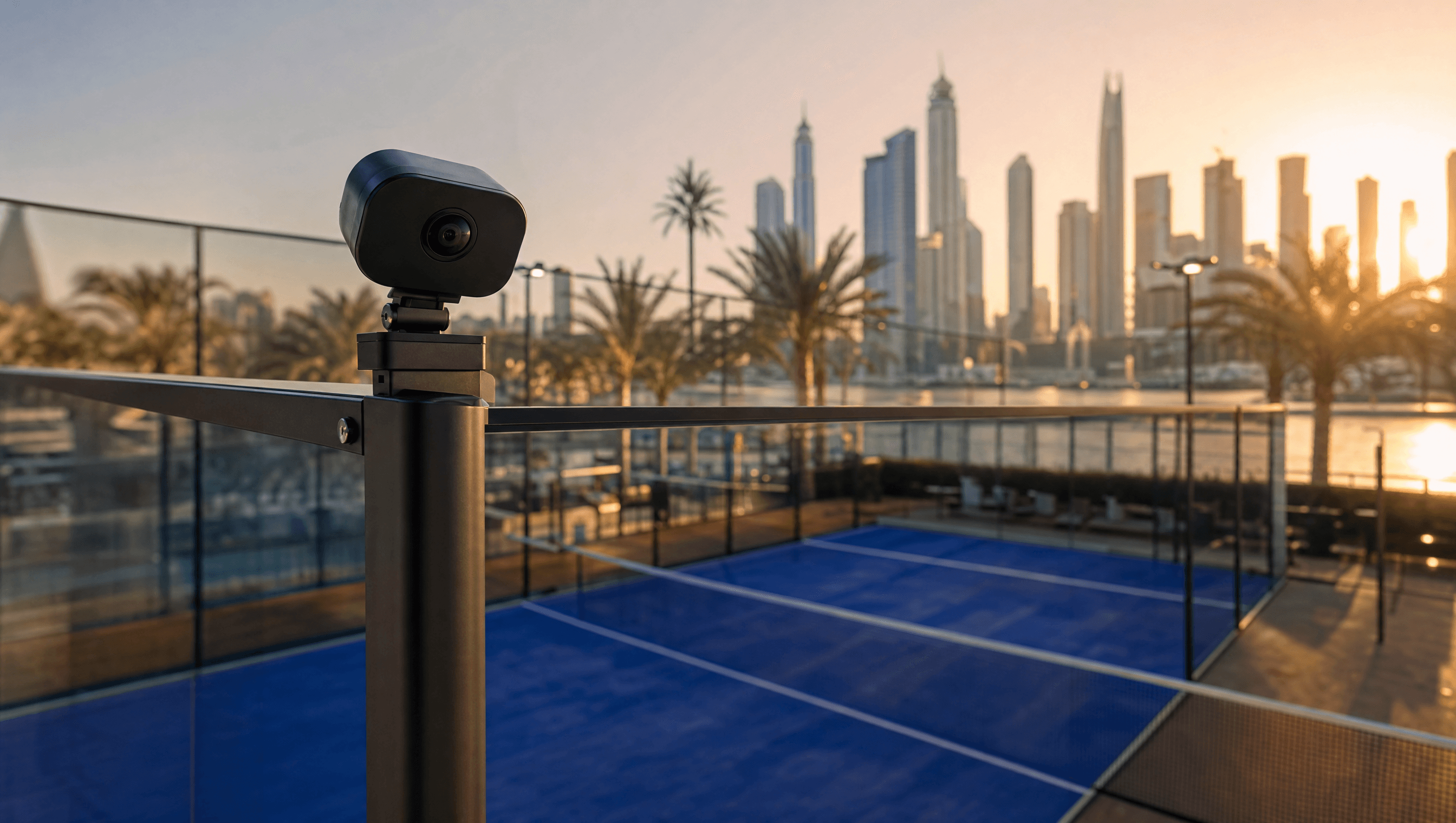 AI tracking camera mounted on the corner post of a Dubai padel court at golden hour