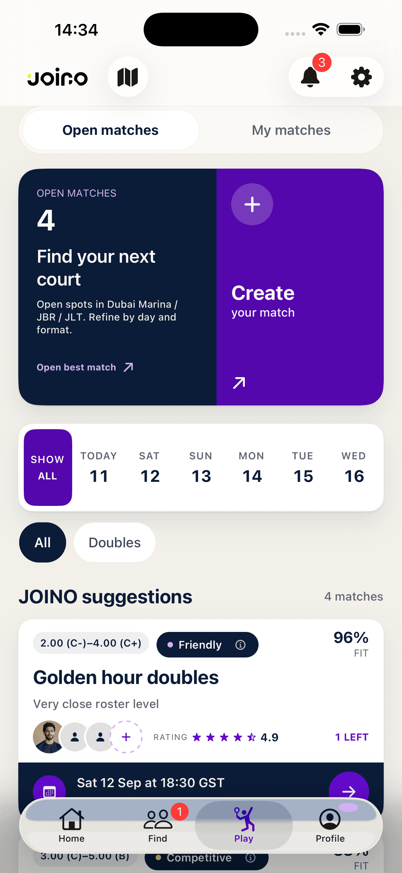 JOINO Play showing available padel matches