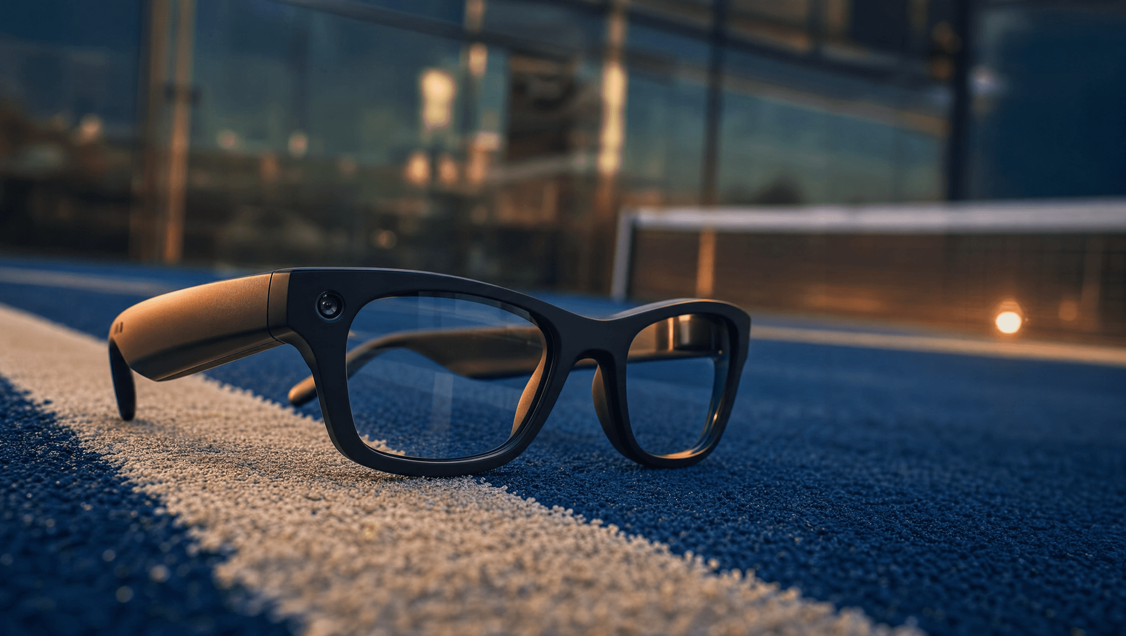 Modern camera glasses resting on the service line of a blue padel court at dusk